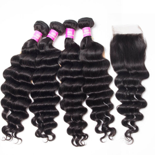 Curlymuse Virgin Hair 4 Bundles With Closure Loose Deep Wave Brazilian Human Hair Weave Bundles With Closure
