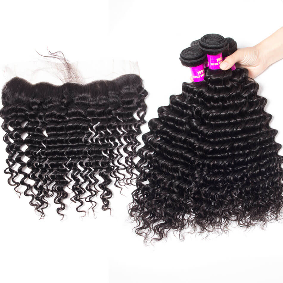 Brazilian Deep Wave With Frontal Hair 4 Bundles Human Hair Bundles With Frontal Deep Wave Curly