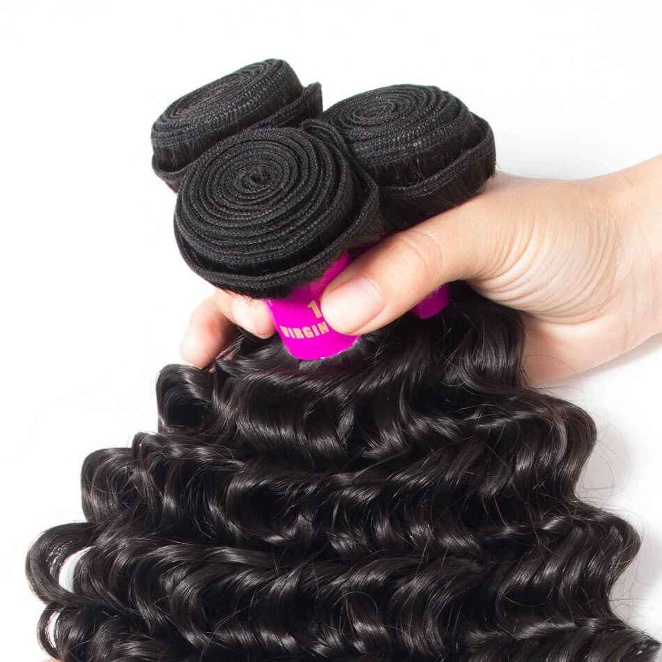 Deep Curly Hair Brazilian Hair Weave 4 Bundles Brazilian Deep Wave Virgin Hair Bundles Deal 1b# Natual Color