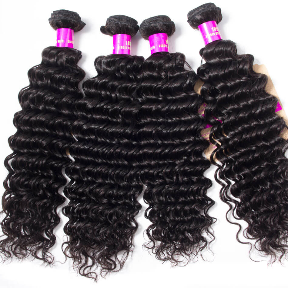Deep Curly Hair Brazilian Hair Weave 4 Bundles Brazilian Deep Wave Virgin Hair Bundles Deal 1b# Natual Color