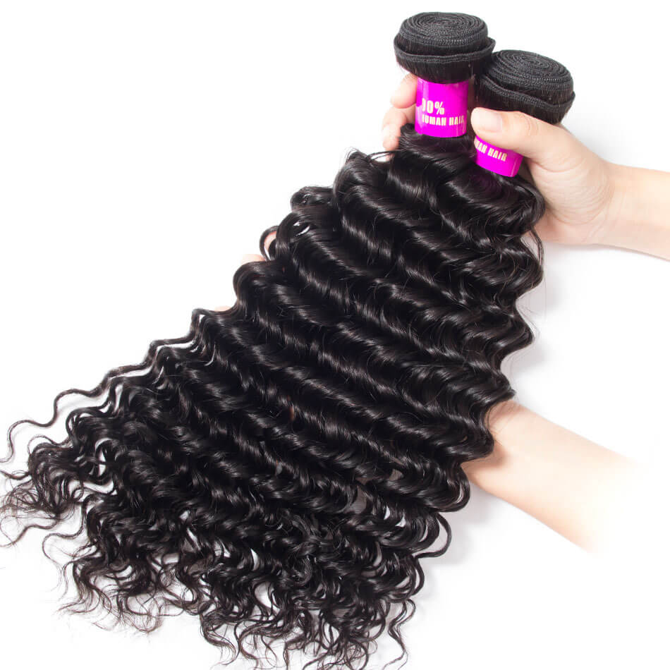 Deep Curly Hair Brazilian Hair Weave 4 Bundles Brazilian Deep Wave Virgin Hair Bundles Deal 1b# Natual Color
