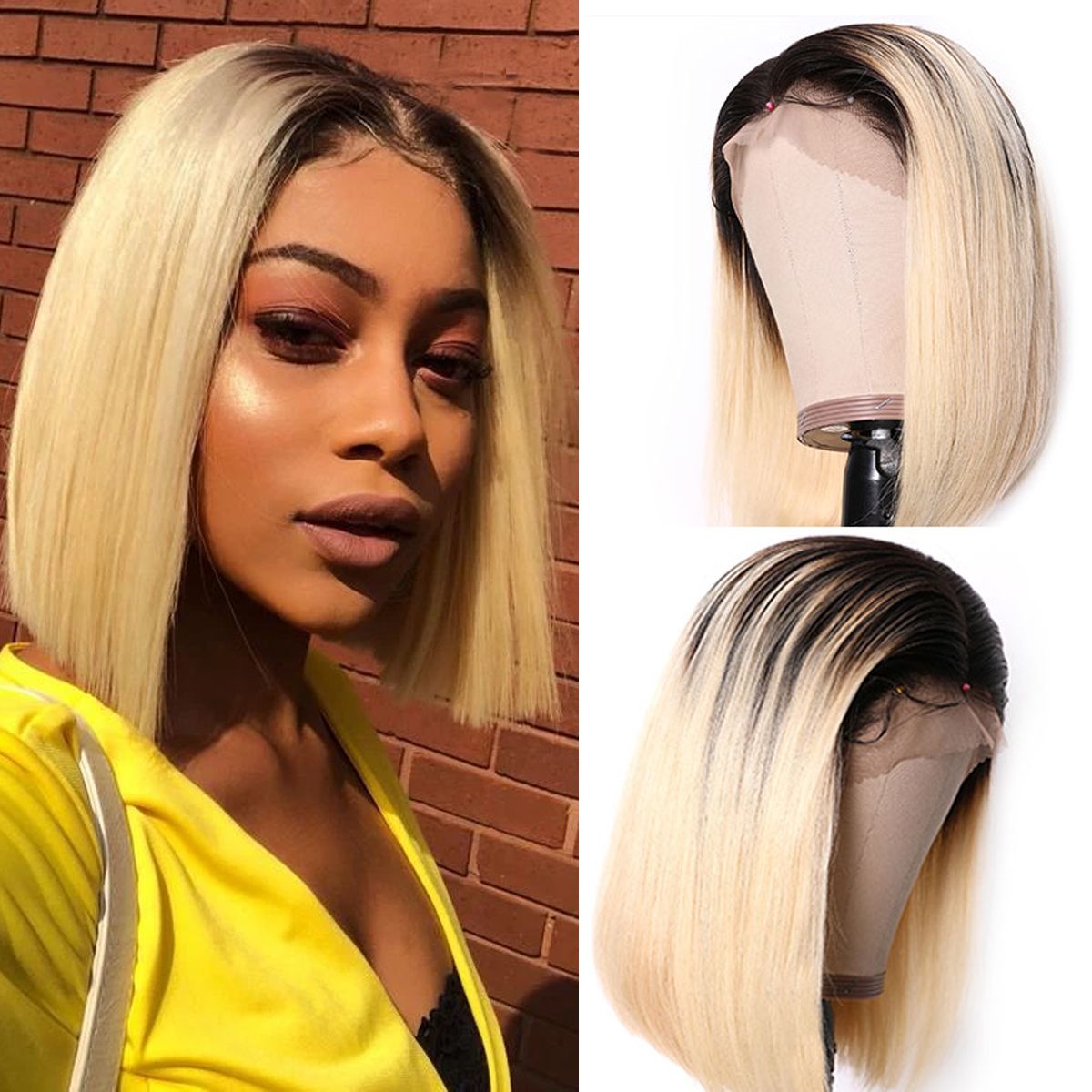 Short Bob Wigs Blonde Wig With Dark Roots Straight Hair 13x4 Lace Front Wigs