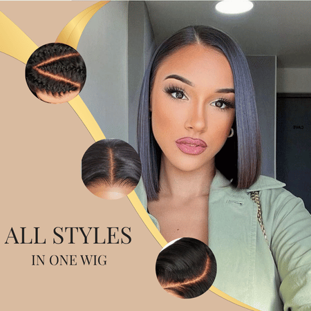 Curlymuse Straight Human Hair 13x4 HD Lace Front Short Bob Wigs