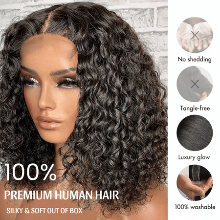 Curlymuse Water Wave Short Bob Wigs Glueless 6x5 13x4 HD Lace Front Wigs Easy Install