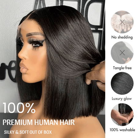 Curlymuse Straight Human Hair 13x4 HD Lace Front Short Bob Wigs