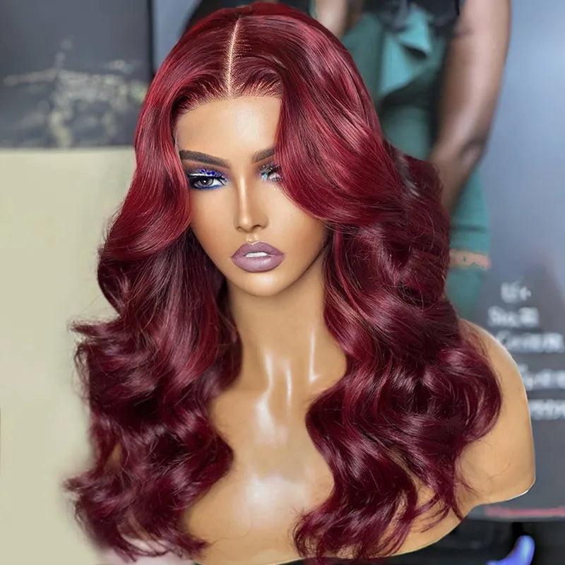 Curtain Bangs 99j Burgundy Body Wave Wig Glueless 6x5 Pre-Cut Lace Wig
