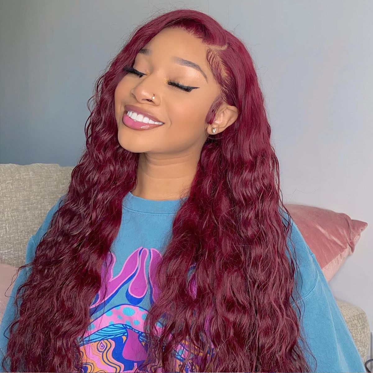 99J Burgundy Color Water Wave 6x5 13x4 Lace Front Wig 180% Density