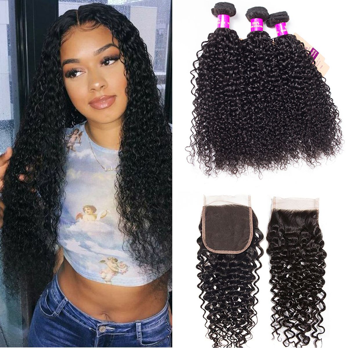 Brazilian Curly Virgin Hair With 5x5 HD Lace Closure 3 Bundles Sale