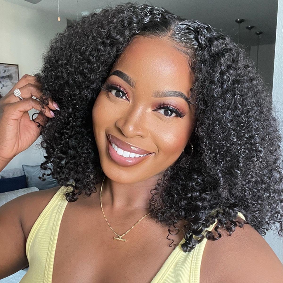 V Part Curly Short Bob Wigs No Glue Needed Easy Install