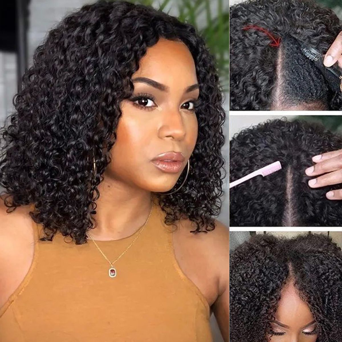 V Part Curly Short Bob Wigs No Glue Needed Easy Install