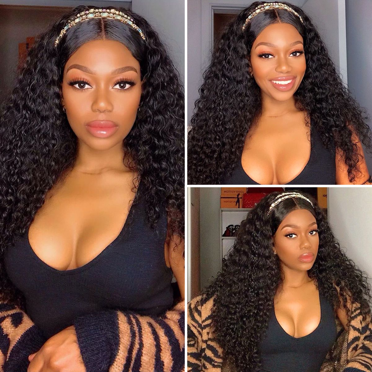 Kinky Curly Headband Hair Wig 180% Glueless Wig Put On & Go