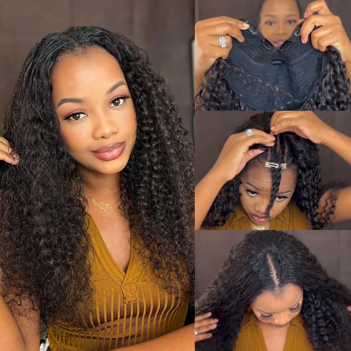 V Part Curly Wave Human Hair Wigs 180% Density