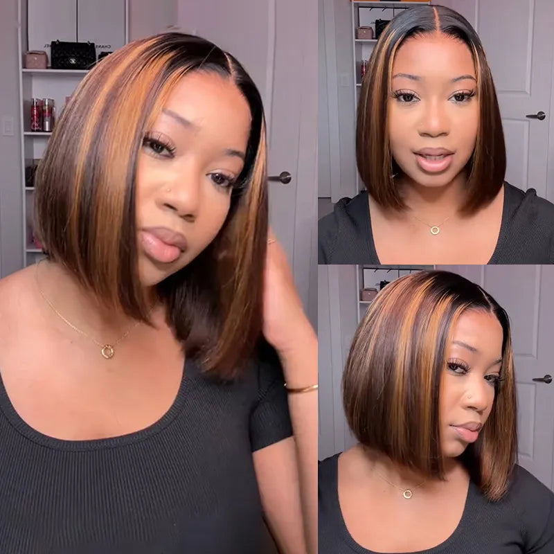 Glueless Highlight Straight Bob Wig Human Hair 6x5 Lace Wig Bleached Knots