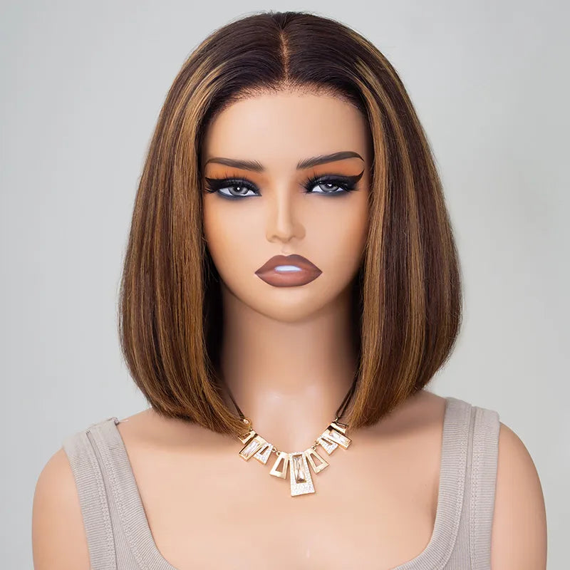 Glueless Highlight Straight Bob Wig Human Hair 6x5 Lace Wig Bleached Knots