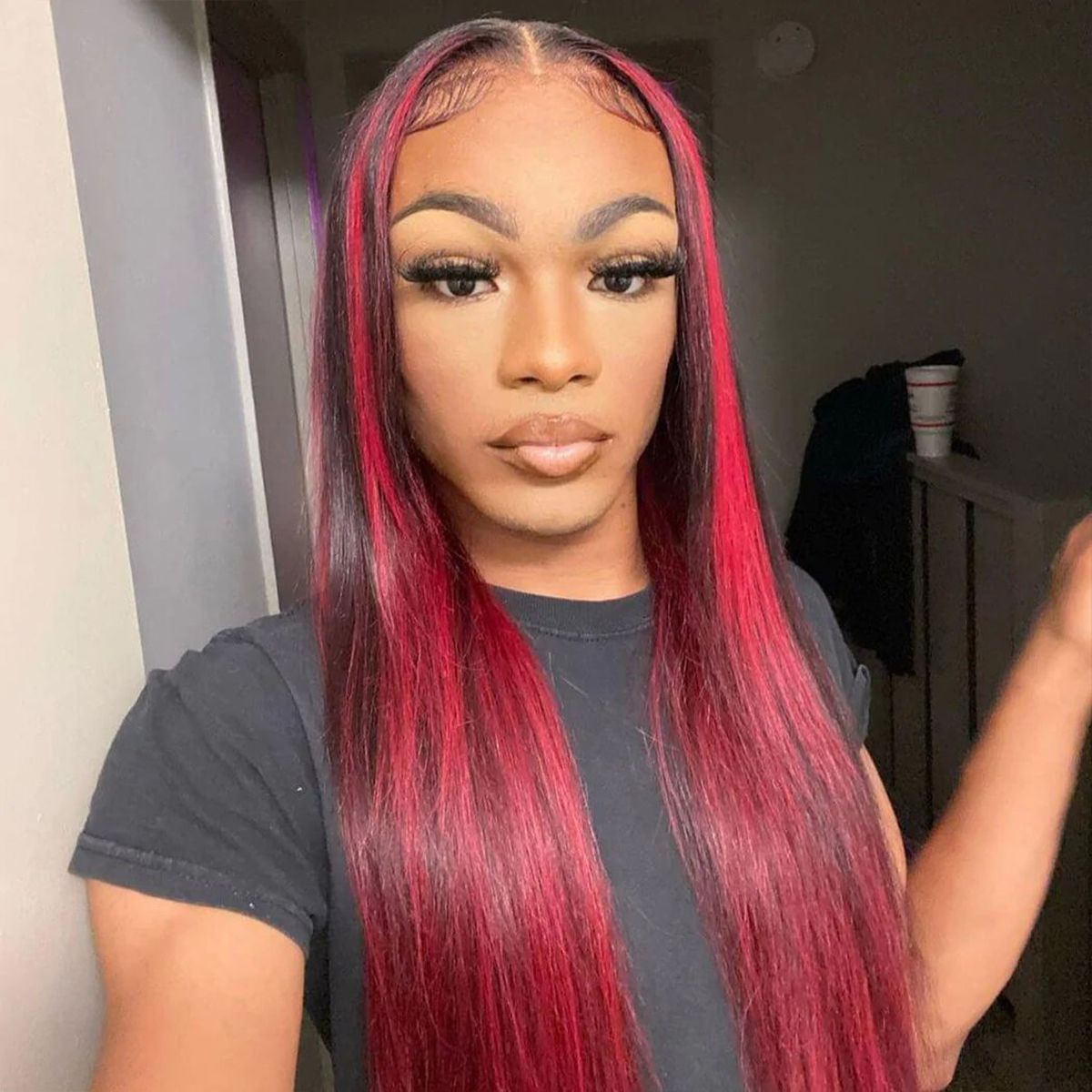 Dark Burgundy With Red Highlights Straight 13x4 HD Lace Frontal Wigs
