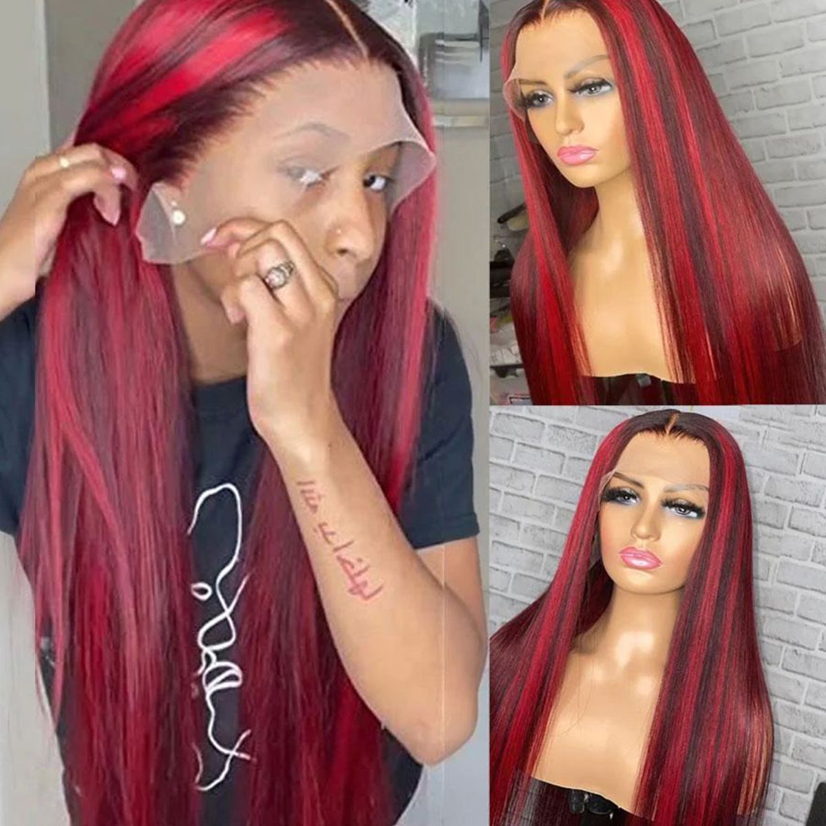 Dark Burgundy With Red Highlights Straight 13x4 HD Lace Frontal Wigs