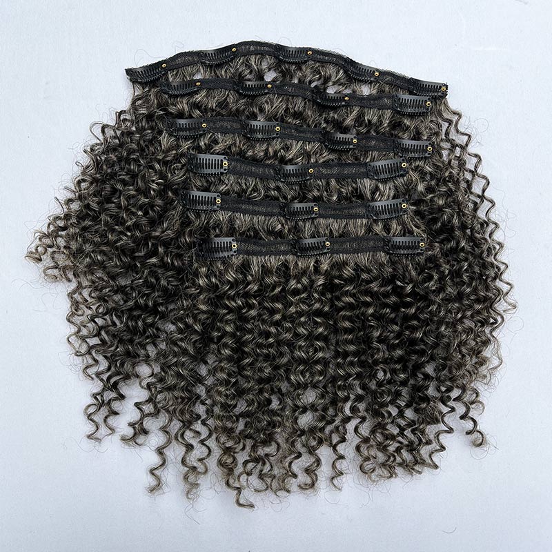 Medium Salt & Pepper Jerry Curly/Kinky Curly Clip In Human Hair Extensions 6 Pieces/Set Dark Grey