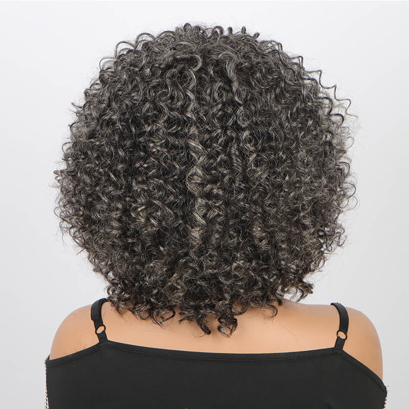 Dark Gray Curly Bob Wig With Bangs Glueless Wear & Go Human Hair Salt And Pepper Wigs