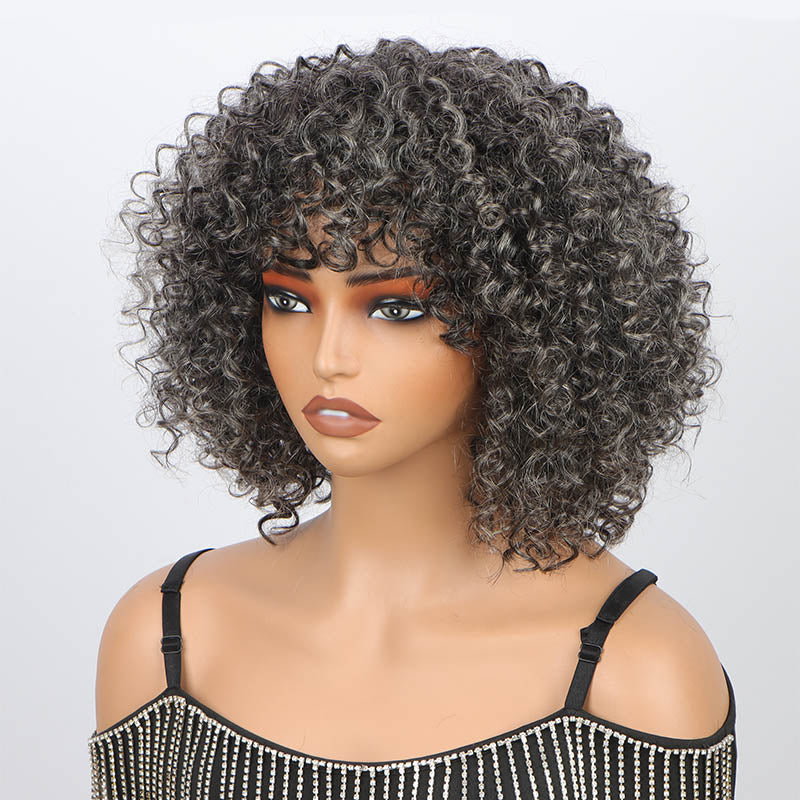 Dark Gray Curly Bob Wig With Bangs Glueless Wear & Go Human Hair Salt And Pepper Wigs