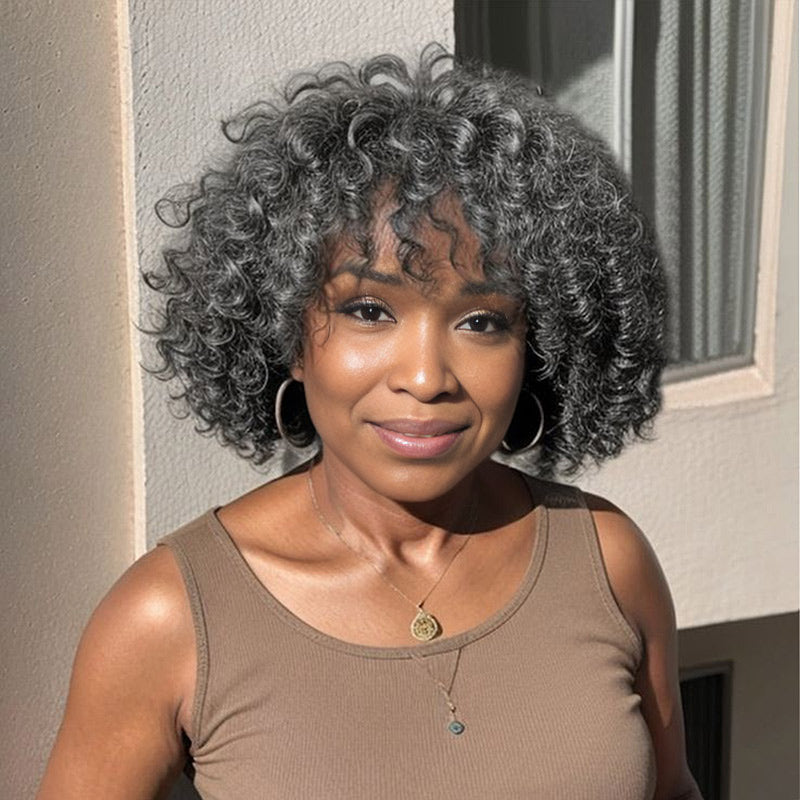 Dark Gray Curly Bob Wig With Bangs Glueless Wear & Go Human Hair Salt And Pepper Wigs