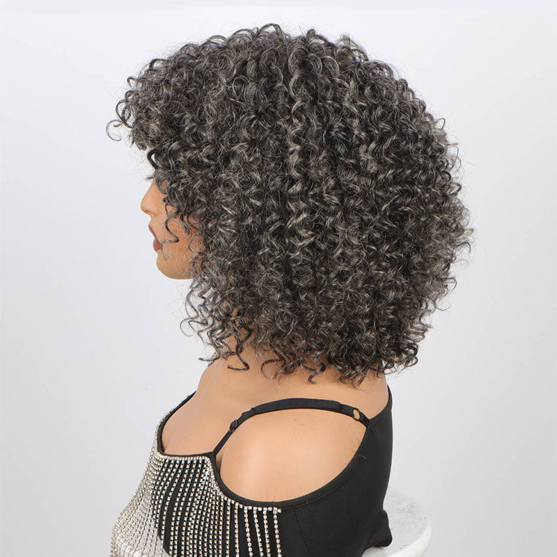 Dark Gray Curly Bob Wig With Bangs Glueless Wear & Go Human Hair Salt And Pepper Wigs