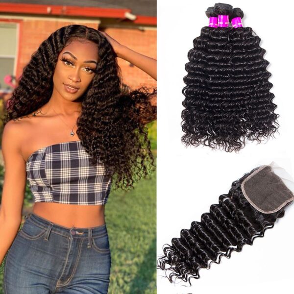 Brazilian Deep Wave 3 Bundles with 5x5 HD Lace Closure