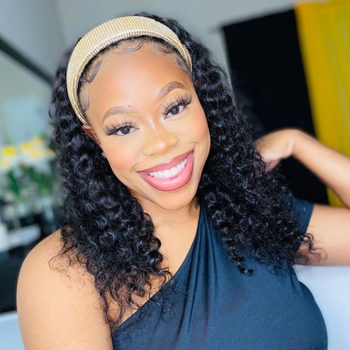 Headband Wig Deep Wave Shoulder Length Wig