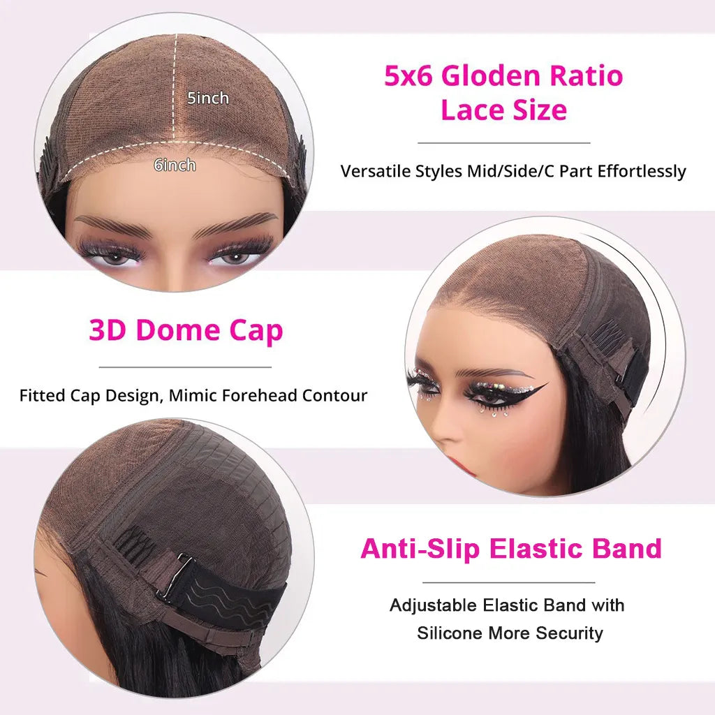 Wear And Go Glueless 6x5 Lace Wig Pre-cut Lace Bleached Knots Body Wave HD Lace Closure Wig