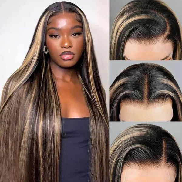 Balayage Honey Blonde Straight Wig Glueless Highlight 6x5 13x4 HD Lace Wig Colored Wig