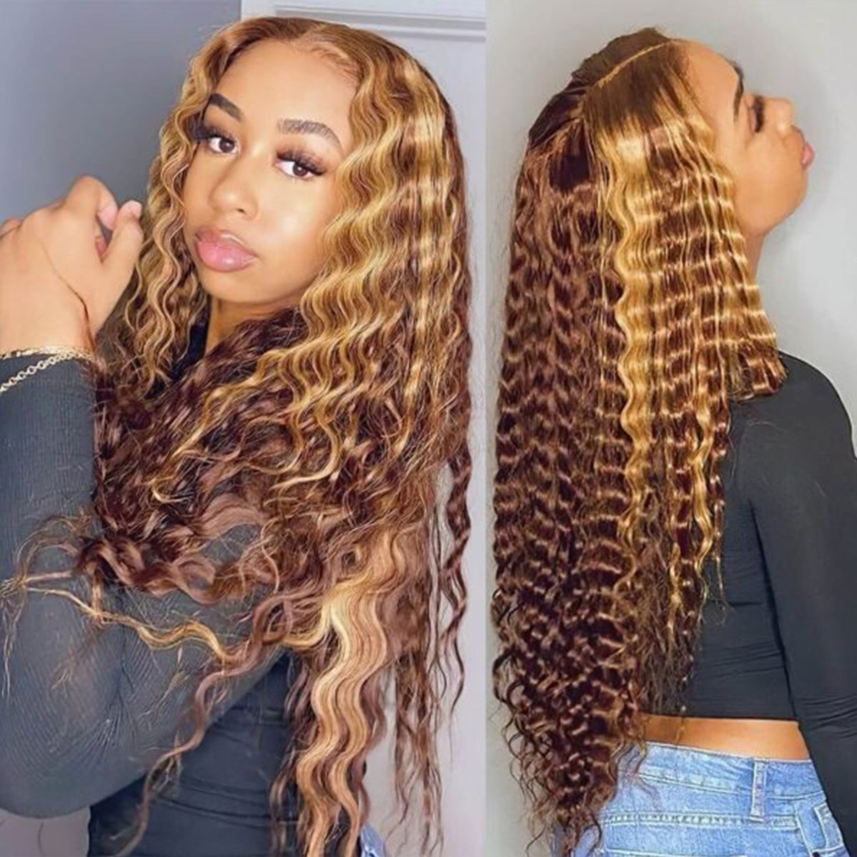 Highlight Honey Blonde Loose Deep Human Hair Lace Front Wigs 180% Density