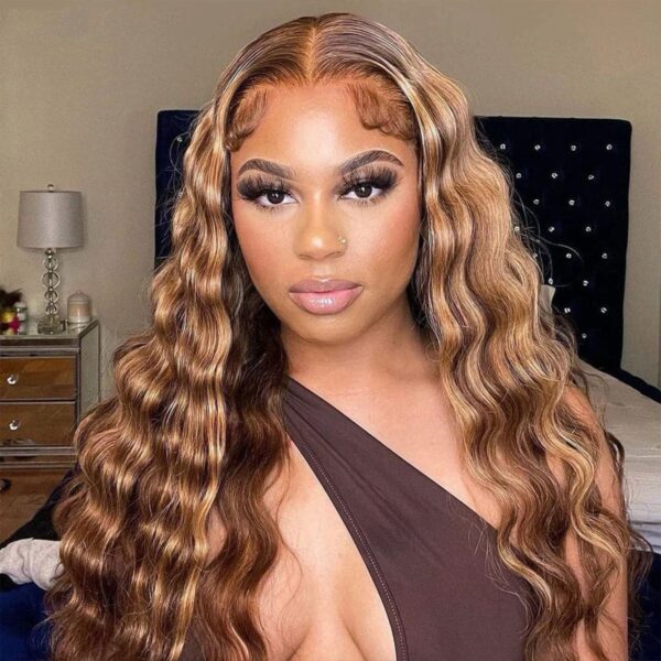 Highlight Honey Blonde Loose Deep Human Hair Lace Front Wigs 180% Density