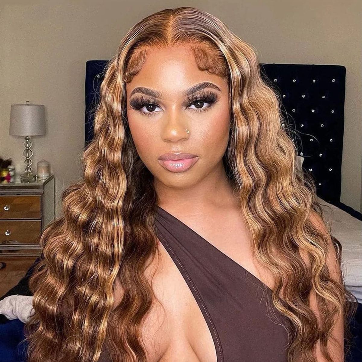 Highlight Honey Blonde Loose Deep Human Hair Lace Front Wigs 180% Density