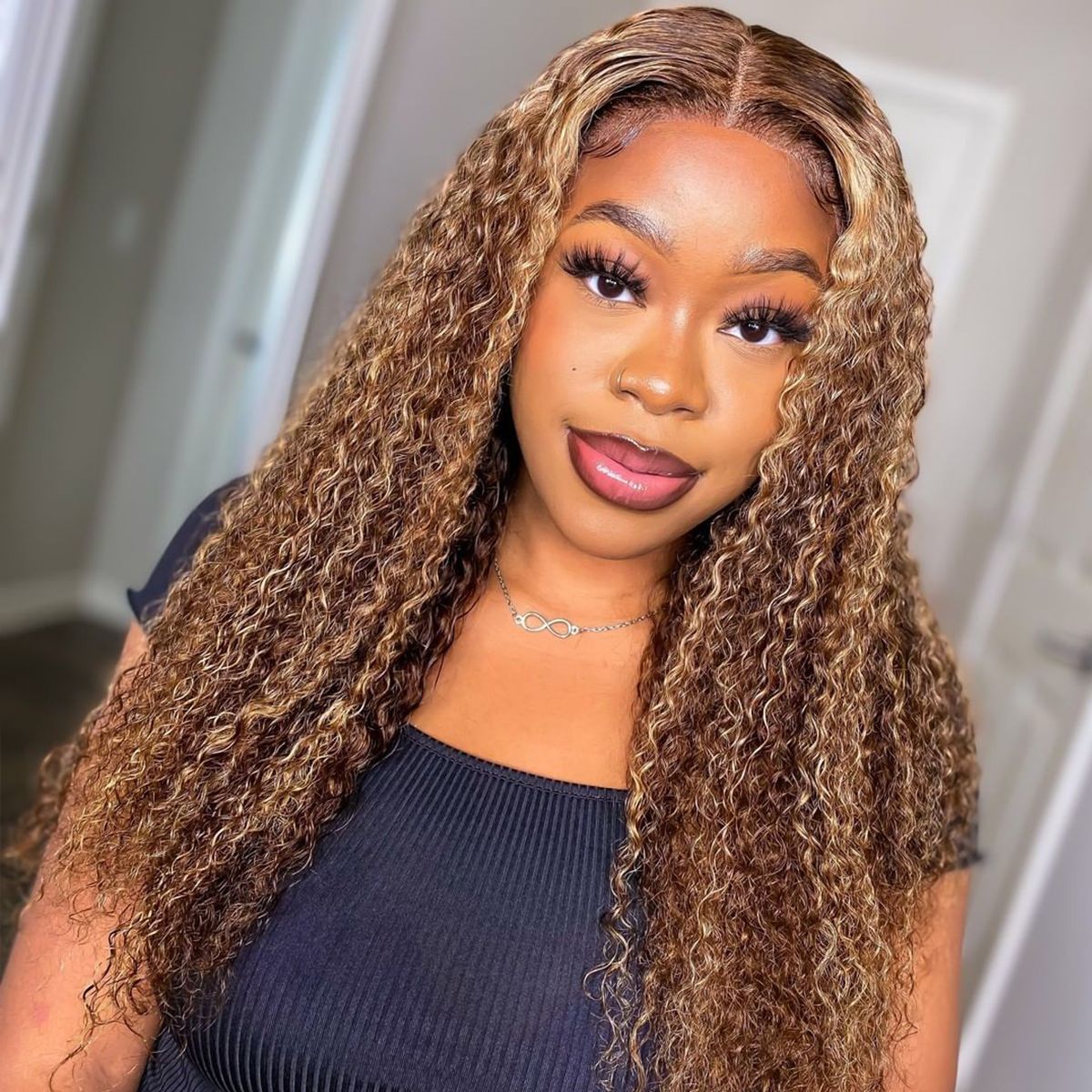 Highlight Honey Blonde Glueless Curly Wave Human Hair Lace Front Wigs