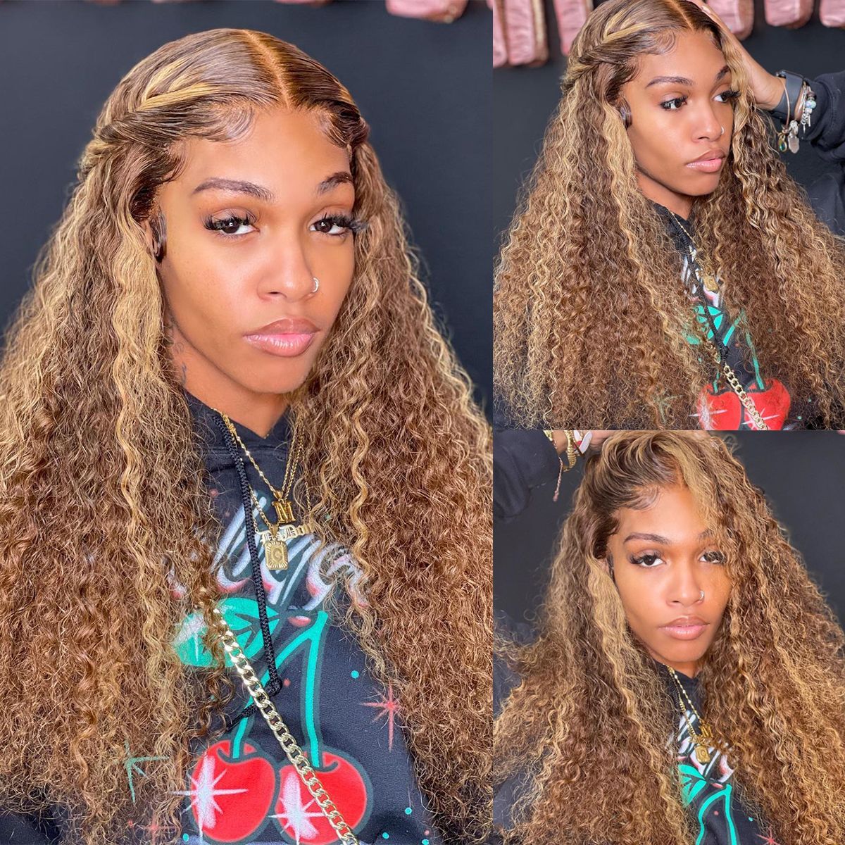Highlight Honey Blonde Glueless Curly Wave Human Hair Lace Front Wigs