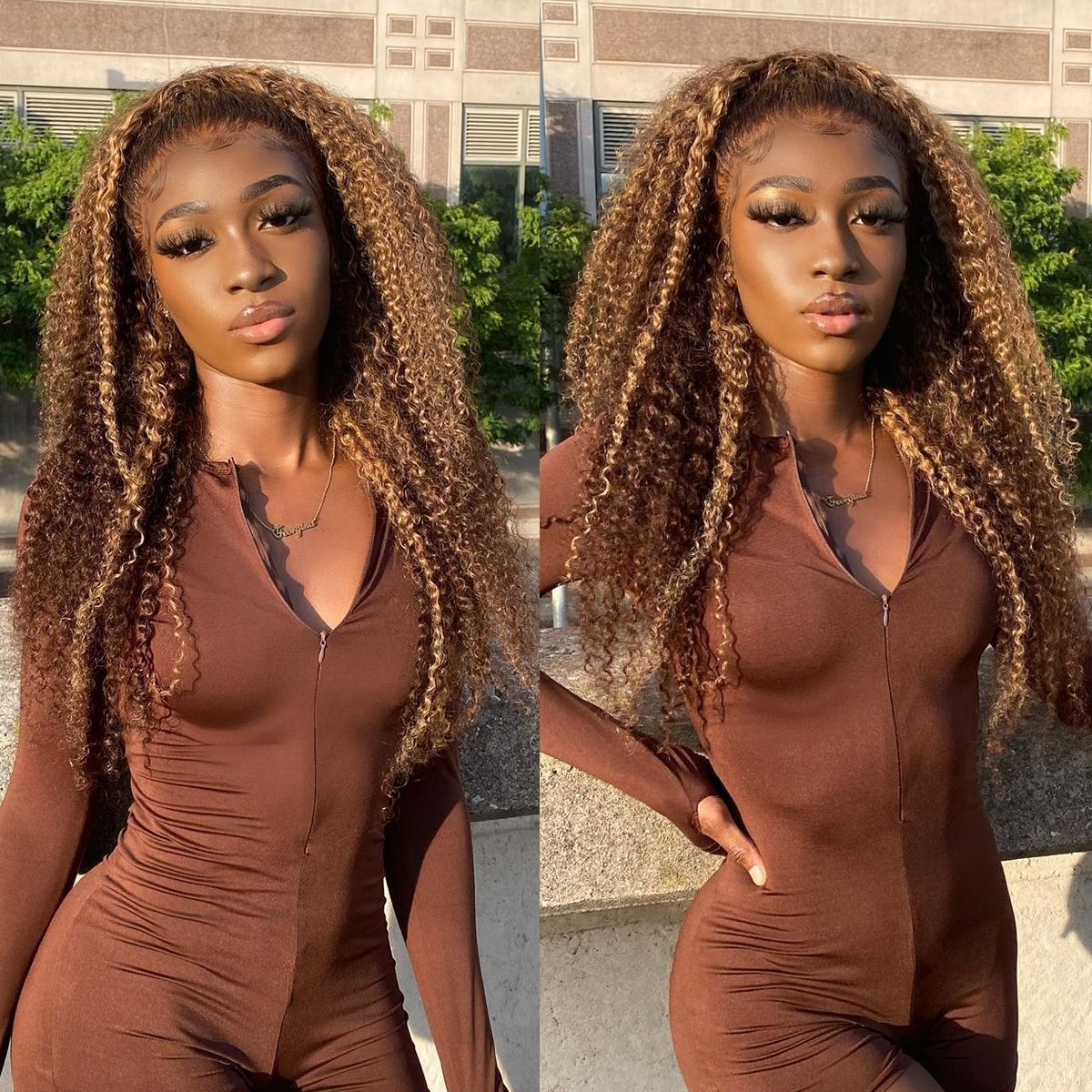 Highlight Honey Blonde Glueless Curly Wave Human Hair Lace Front Wigs