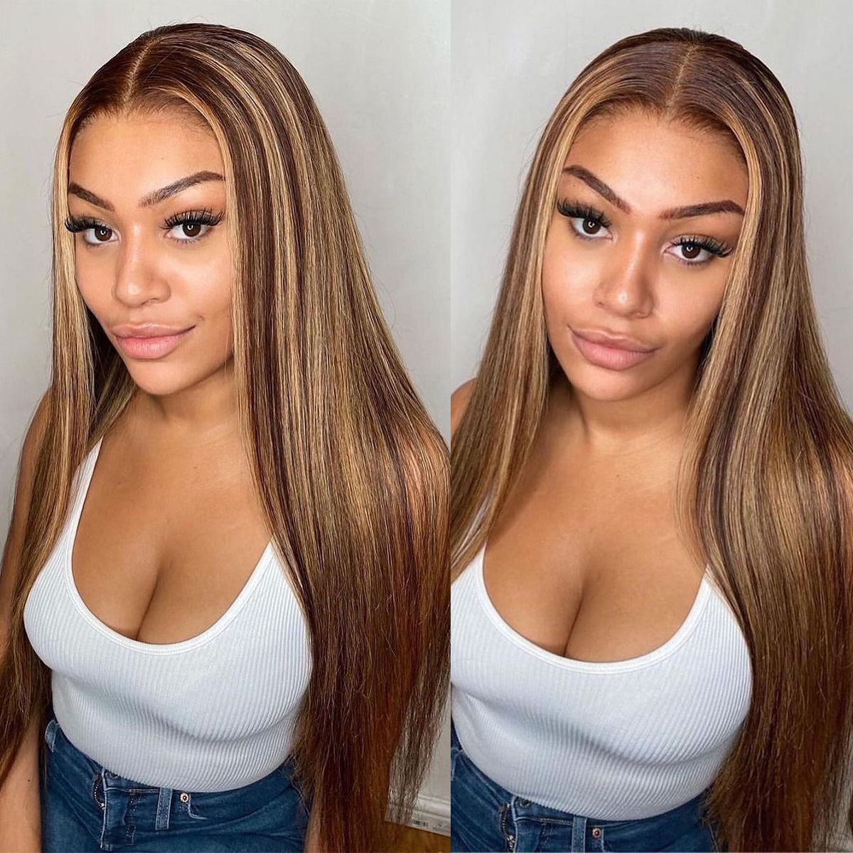 Highlight Honey Blonde Straight Hair Lace Front Wigs 180% Density