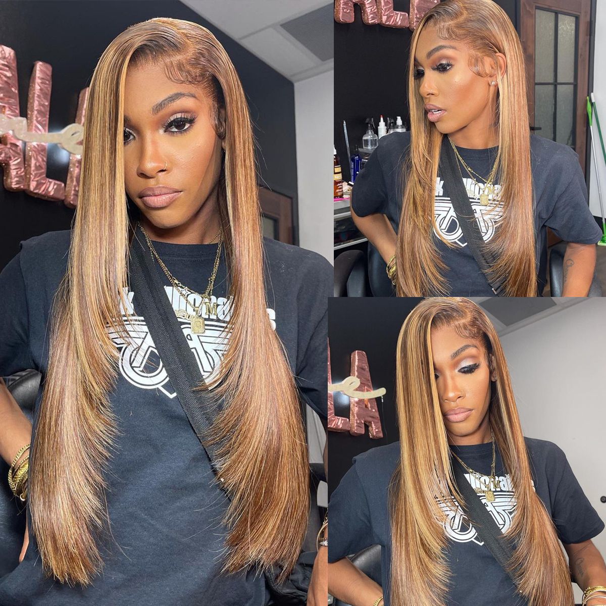 Highlight Honey Blonde Straight Hair Lace Front Wigs 180% Density
