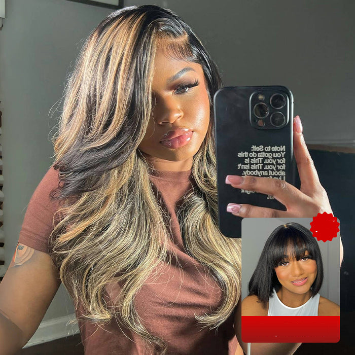 Curlymuse Highlight 1b/22 Body Wave 6x5 Pre-Cut Lace Wig Straight Bob Wig With Bangs
