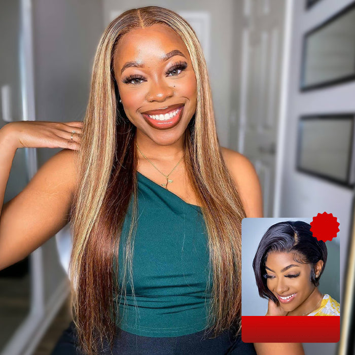 Curlymuse Highlight Straight 6x5 Lace Wig + Pixie Cut Short Wig