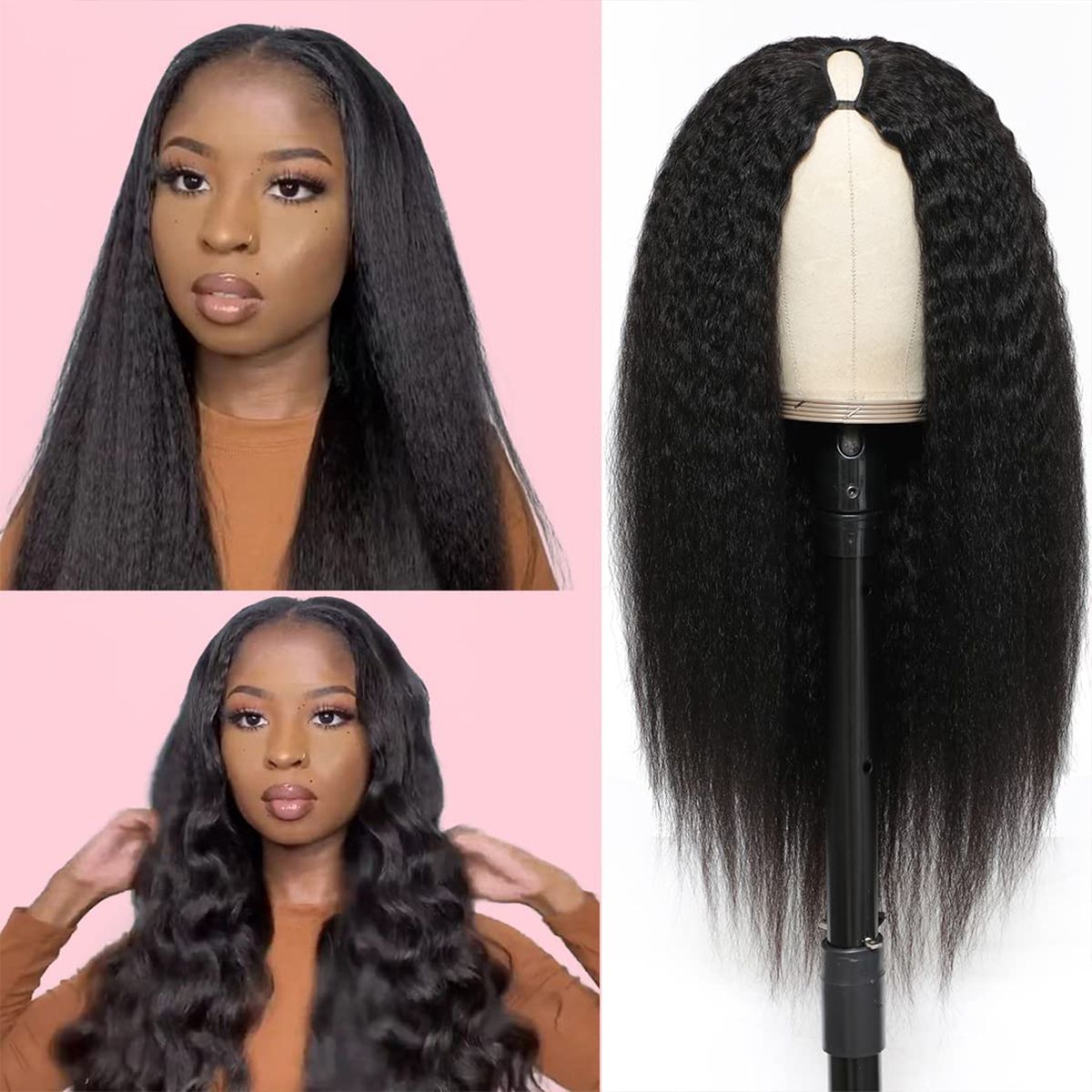 No Glue No Leave Out Kinky straight V Part Human Hair Wigs