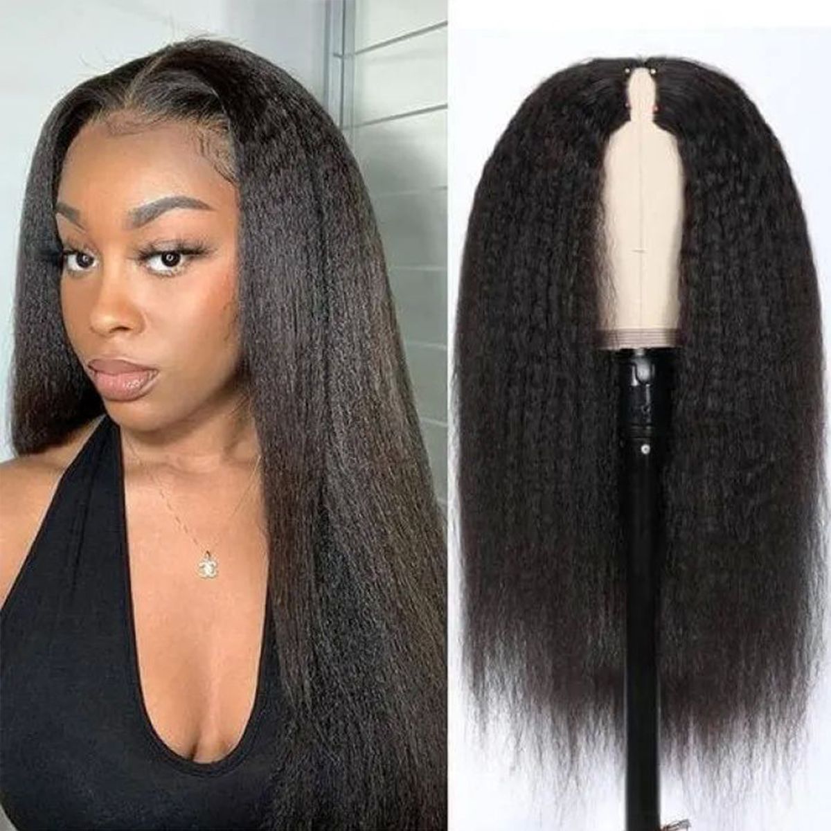 No Glue No Leave Out Kinky straight V Part Human Hair Wigs