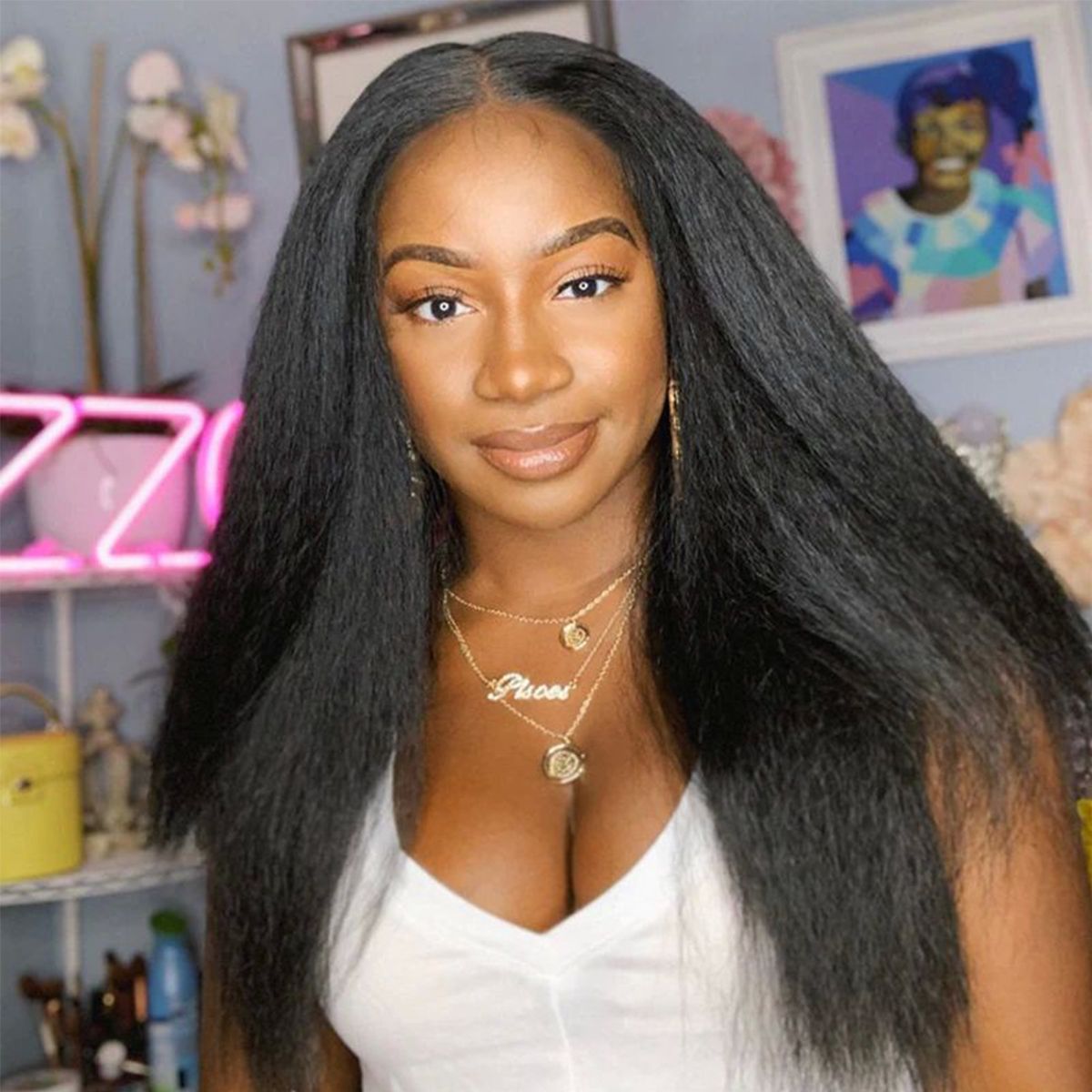 No Glue No Leave Out Kinky straight V Part Human Hair Wigs