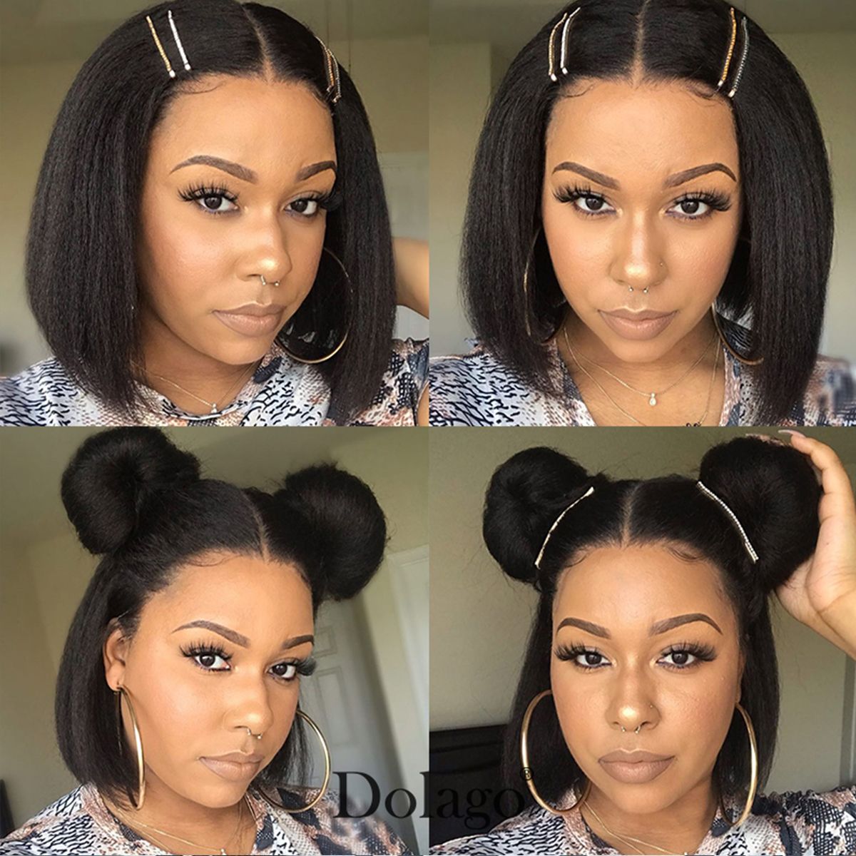 U Part Wig Kinky Straight Hair Yaki Bob Wigs
