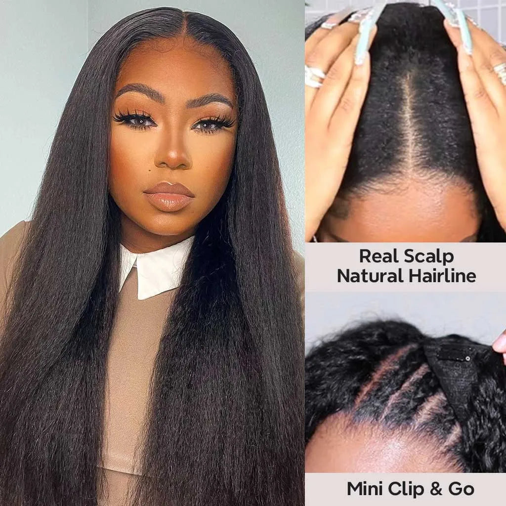 Kinky Straight Hair U Part Wigs Human Hair Wig Glueless Install 180%