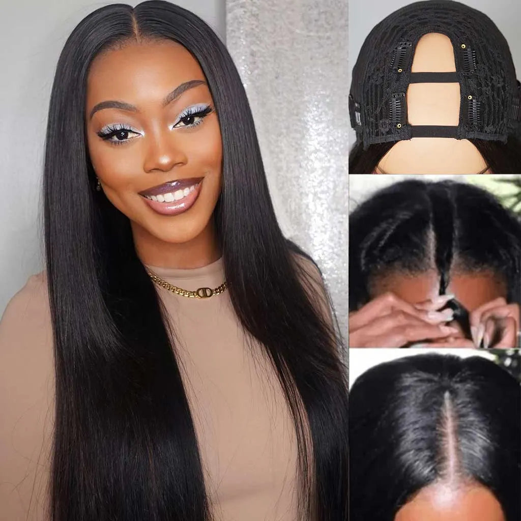 Kinky Straight Hair U Part Wigs Human Hair Wig Glueless Install 180%