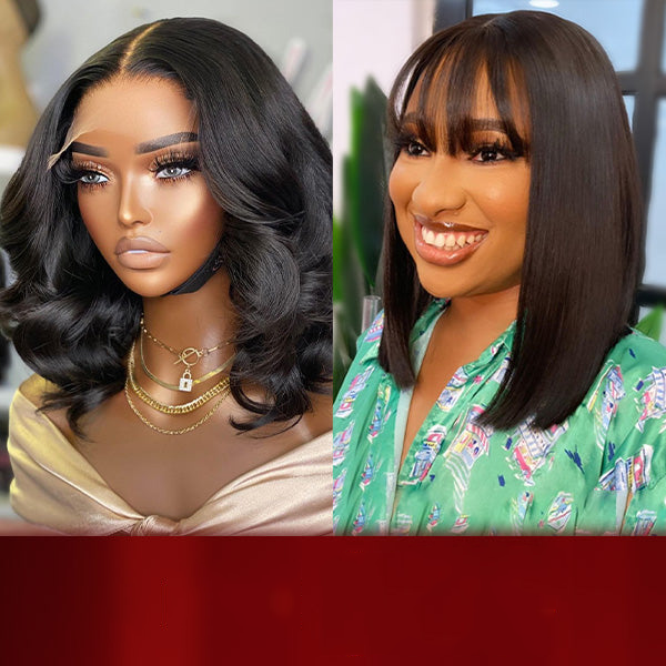 Curlymuse Two Wigs Only $219 | Loose Body Short Wig + Straight Bob Wig With Bangs
