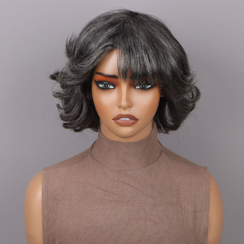 Trendy Medium Salt and Pepper Natural Wavy Bob Wear Go Glueless Human Hair Wigs With Bangs For Women Over 50