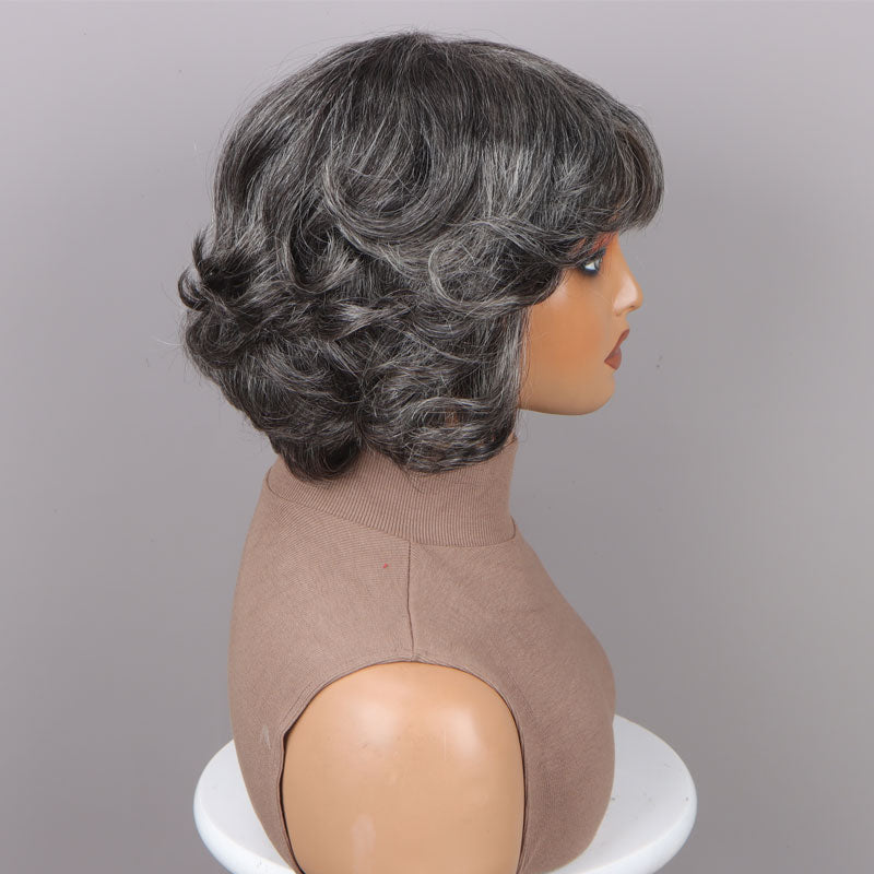 Trendy Medium Salt and Pepper Natural Wavy Bob Wear Go Glueless Human Hair Wigs With Bangs For Women Over 50