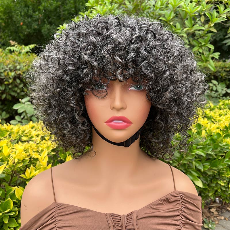 Dark Gray Curly Bob Wig With Bangs Glueless Wear & Go Human Hair Salt And Pepper Wigs