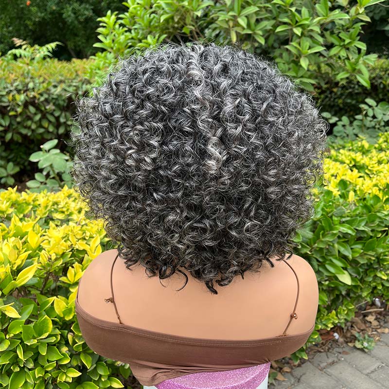 Dark Gray Curly Bob Wig With Bangs Glueless Wear & Go Human Hair Salt And Pepper Wigs